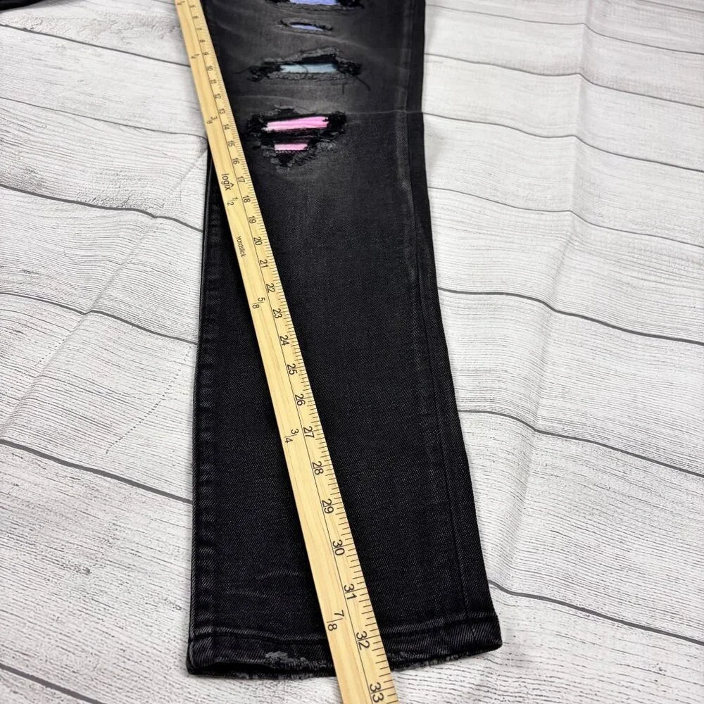 Embellish Mens Black Distressed Skinny Jeans With Colorful Patches Size 34 - Picture 8 of 16